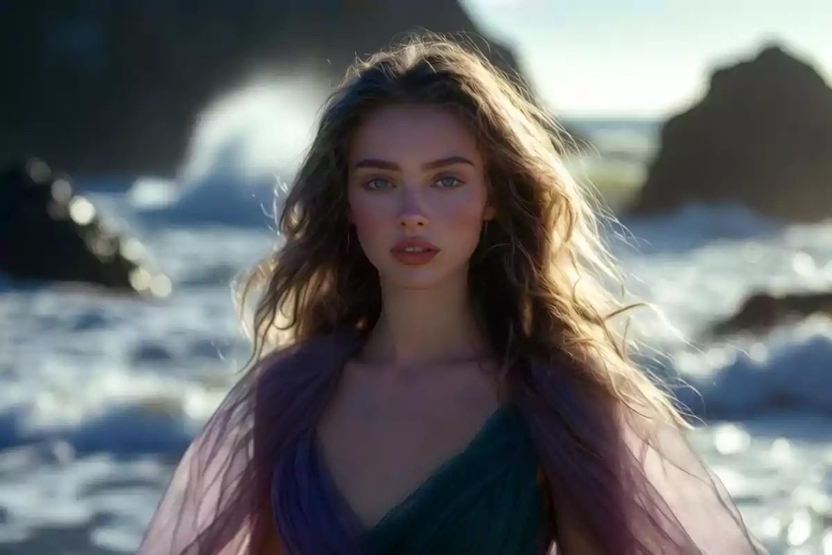 Mujer joven de cabello ondulado y rubio posando en la playa con el mar y rocas de fondo