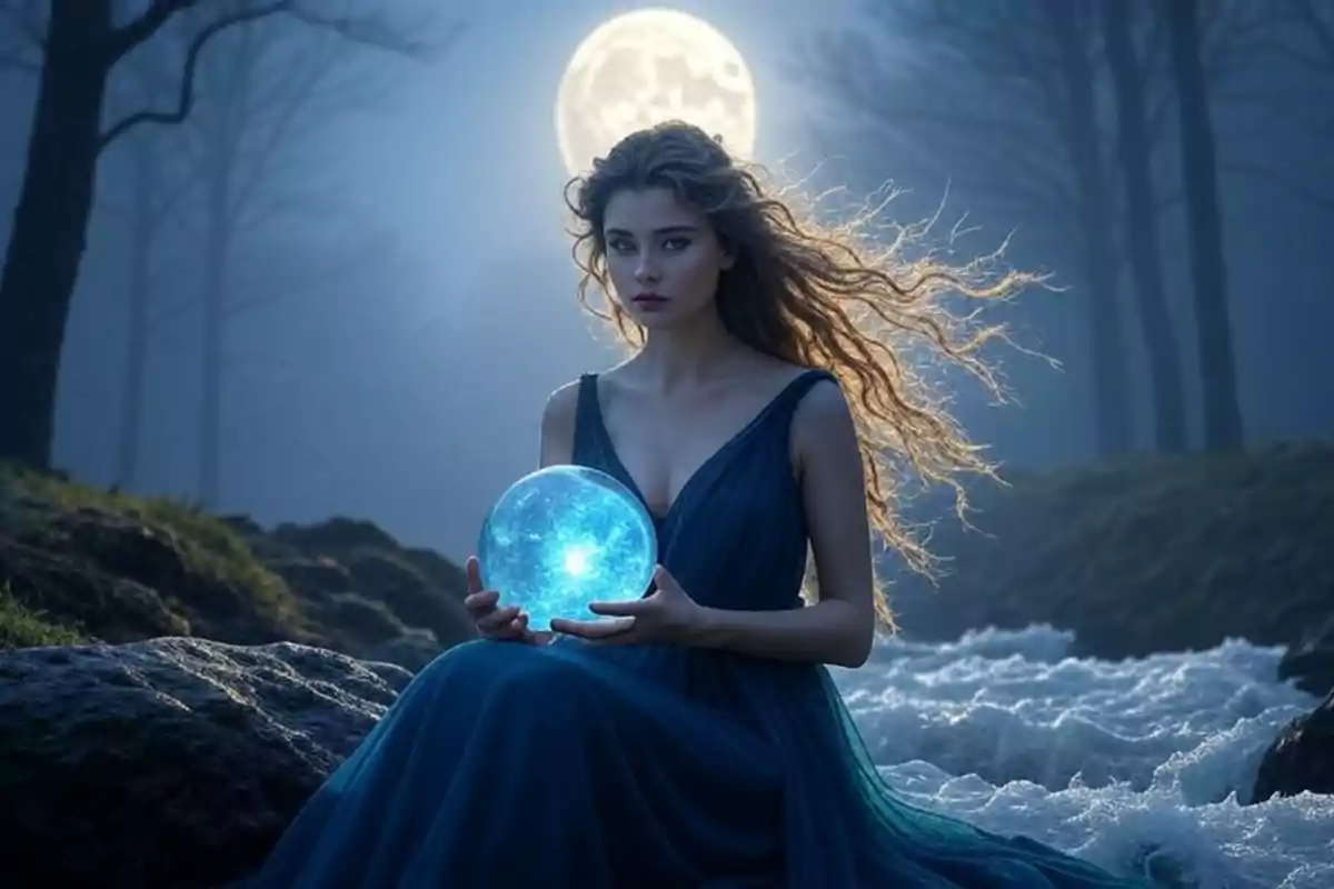 Mujer de cabello largo y suelto con vestido azul sentada junto a un arroyo sosteniendo una esfera luminosa azul con la luna llena brillante al fondo en un bosque oscuro