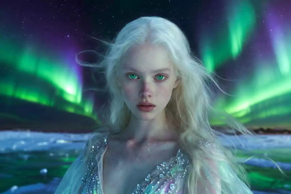 Mujer de cabello blanco y ojos verdes con un vestido brillante posando frente a una aurora boreal en un paisaje nevado