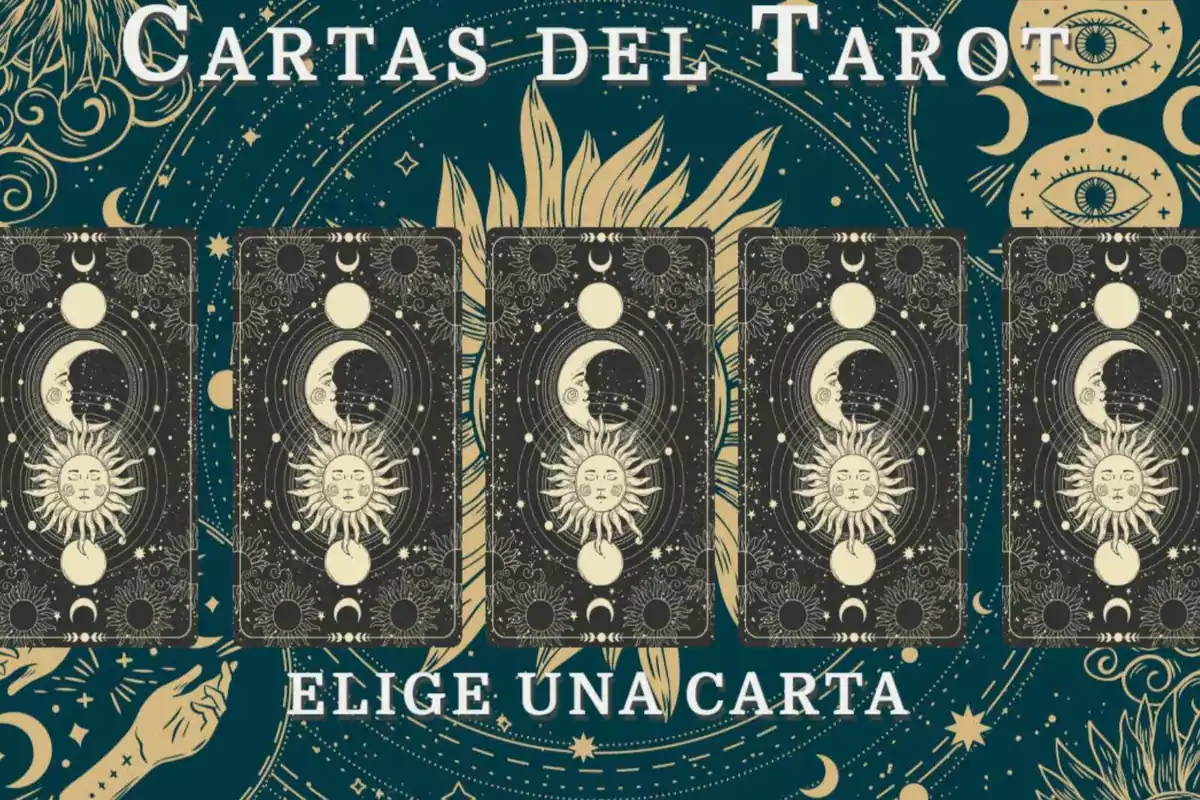 Cinco cartas de tarot con ilustraciones de sol y luna sobre un fondo místico con estrellas y manos, acompañado del texto Cartas del Tarot elige una carta