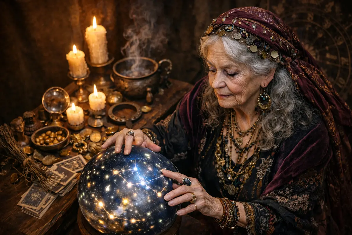 Anciana vidente con vestimenta bohemia y joyas sosteniendo una esfera brillante con constelaciones sobre una mesa llena de velas encendidas cartas y objetos esotéricos