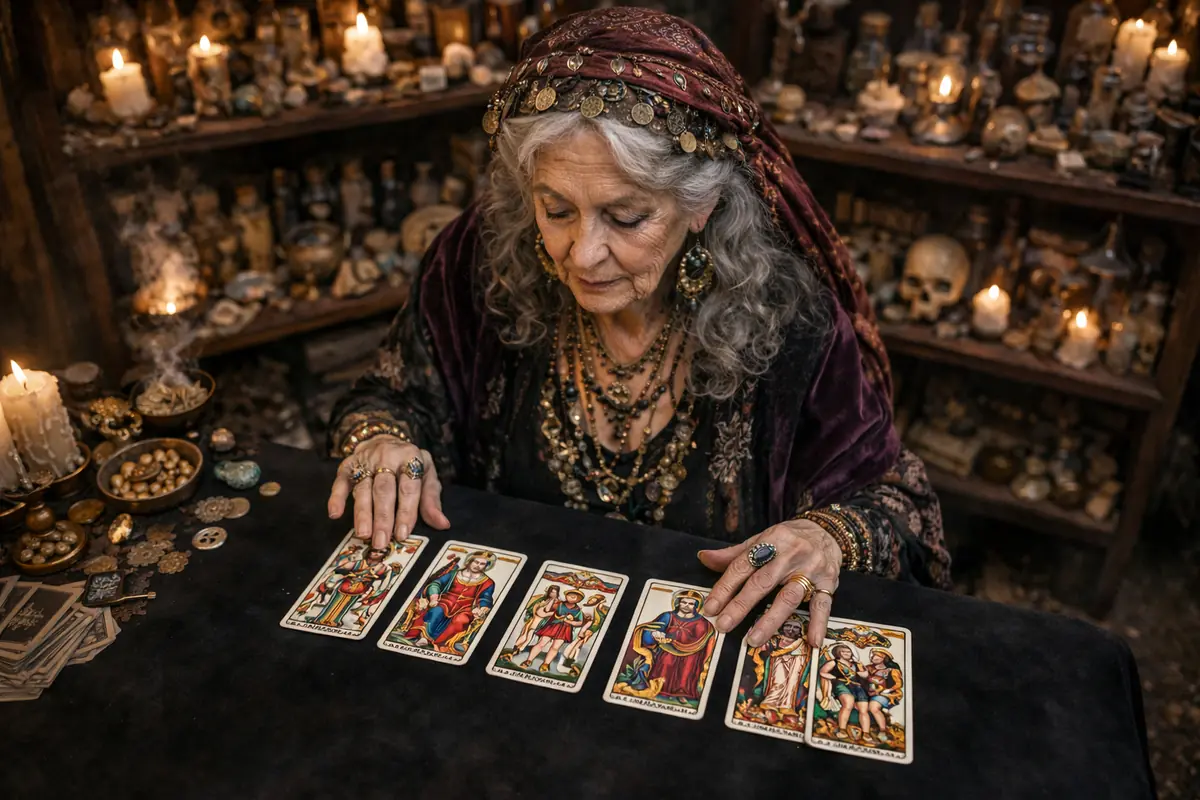 Mujer mayor con vestimenta esotérica leyendo cartas del tarot en una mesa rodeada de velas encendidas y objetos místicos