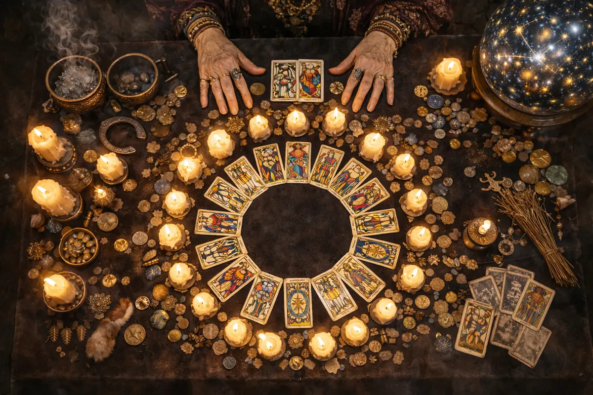Mesa esotérica vista desde arriba con una persona mayor leyendo cartas del tarot rodeadas de velas encendidas monedas amuletos y una esfera celeste iluminada