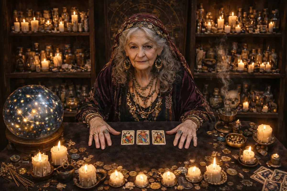 Anciana vidente con vestimenta bohemia leyendo tres cartas del tarot en una mesa llena de velas encendidas monedas y una gran bola de cristal brillante en un ambiente místico y oscuro