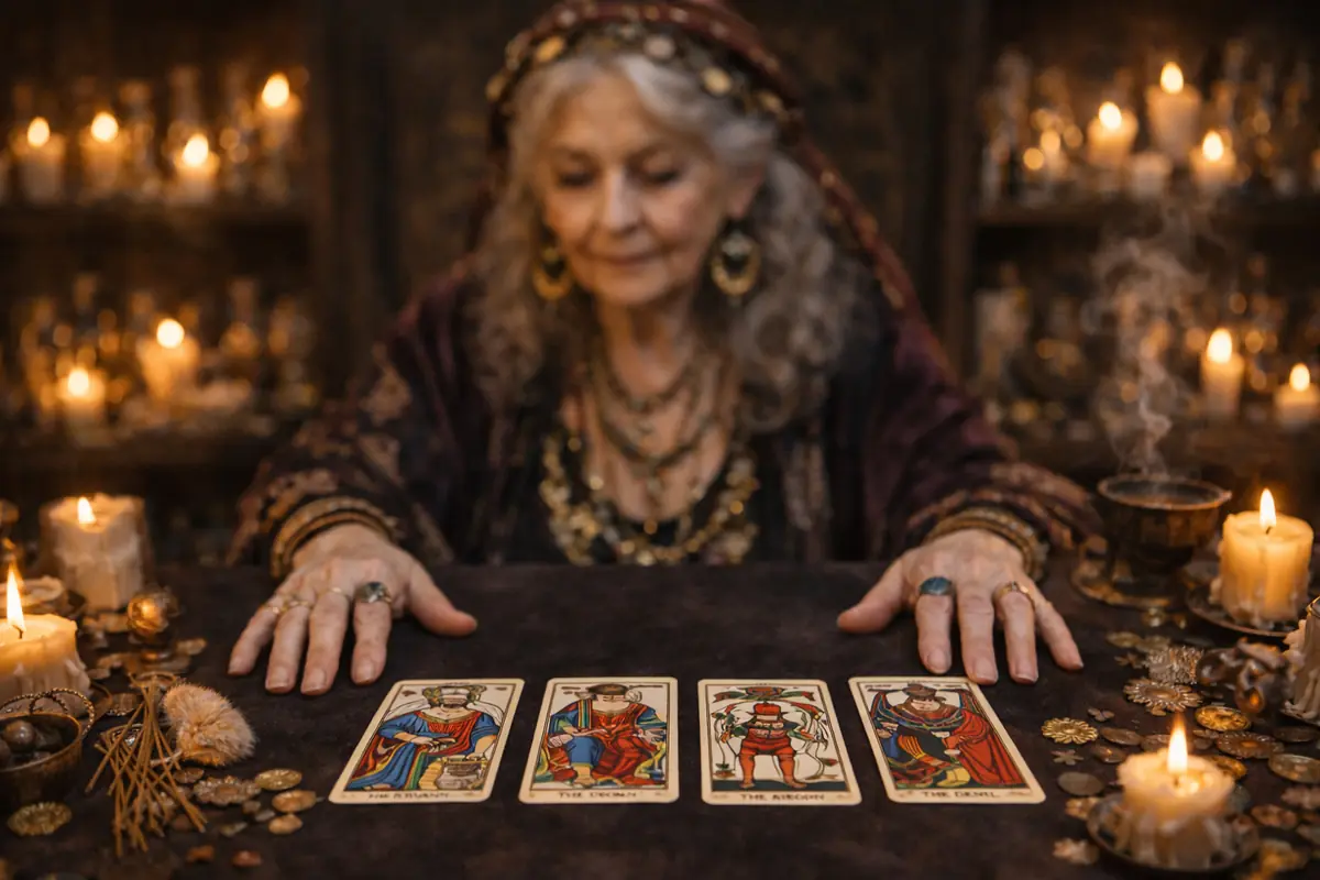 Mujer mayor vestida con ropa esotérica leyendo cuatro cartas del tarot sobre una mesa rodeada de velas encendidas y objetos místicos