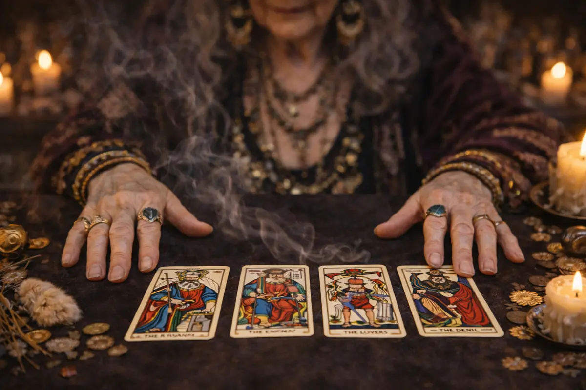 Mujer mayor con joyas leyendo cartas del tarot sobre una mesa oscura rodeada de velas encendidas y humo