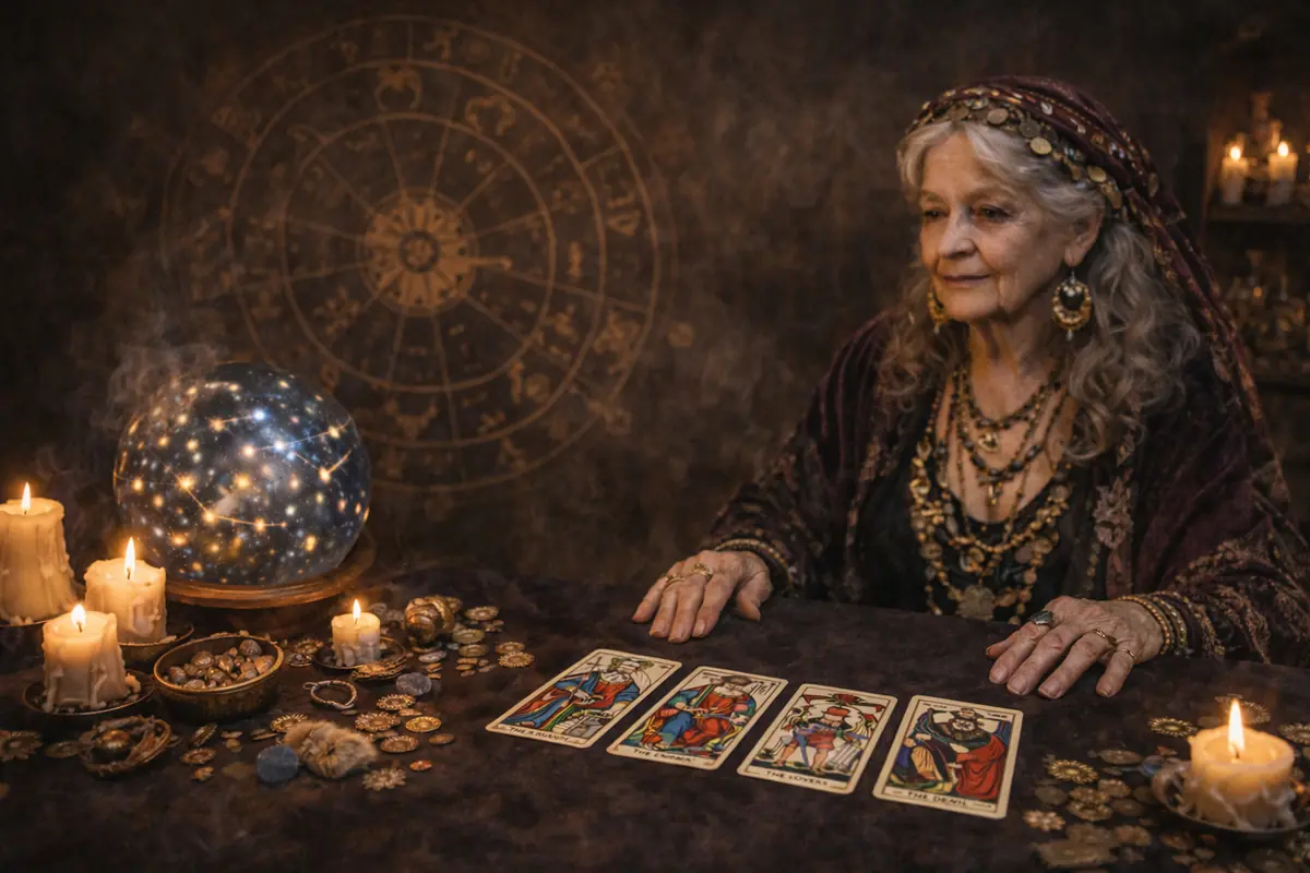 Mujer mayor vestida como vidente leyendo cartas del tarot en una mesa con velas encendidas monedas y una esfera luminosa frente a un fondo con símbolos del zodiaco