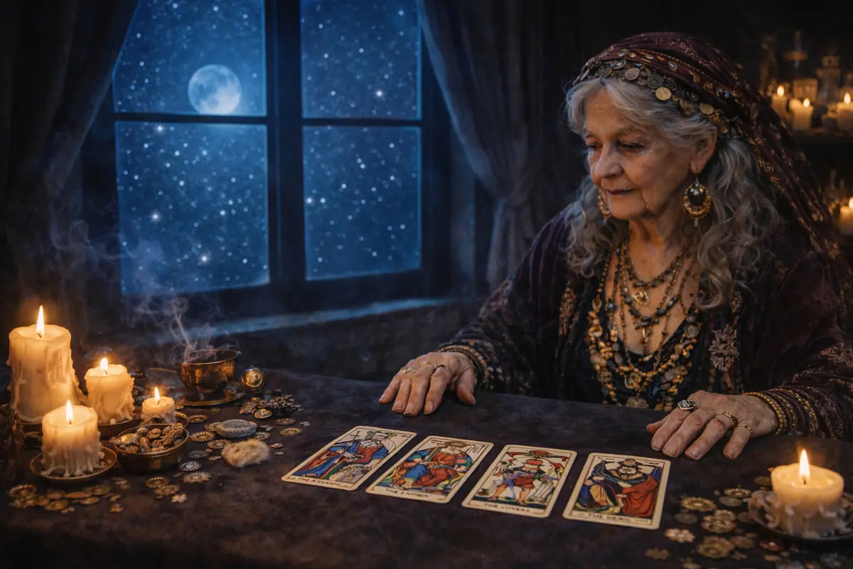 Mujer mayor vestida con ropa y joyas esotéricas leyendo cartas del tarot en una mesa iluminada por velas frente a una ventana nocturna con luna llena y cielo estrellado