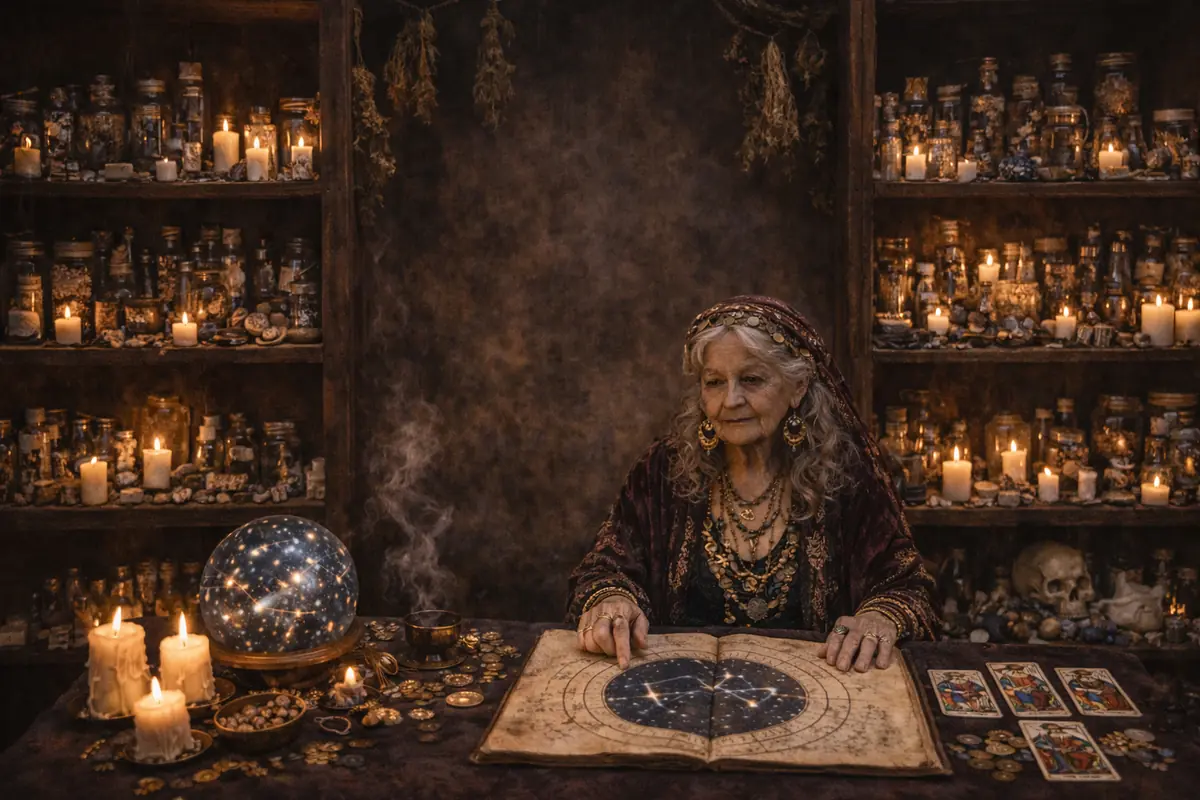 Anciana adivina vestida con ropas bohemias consulta un gran libro de astrología en una mesa llena de velas monedas cartas del tarot y una esfera luminosa rodeada de estanterías con frascos y objetos místicos