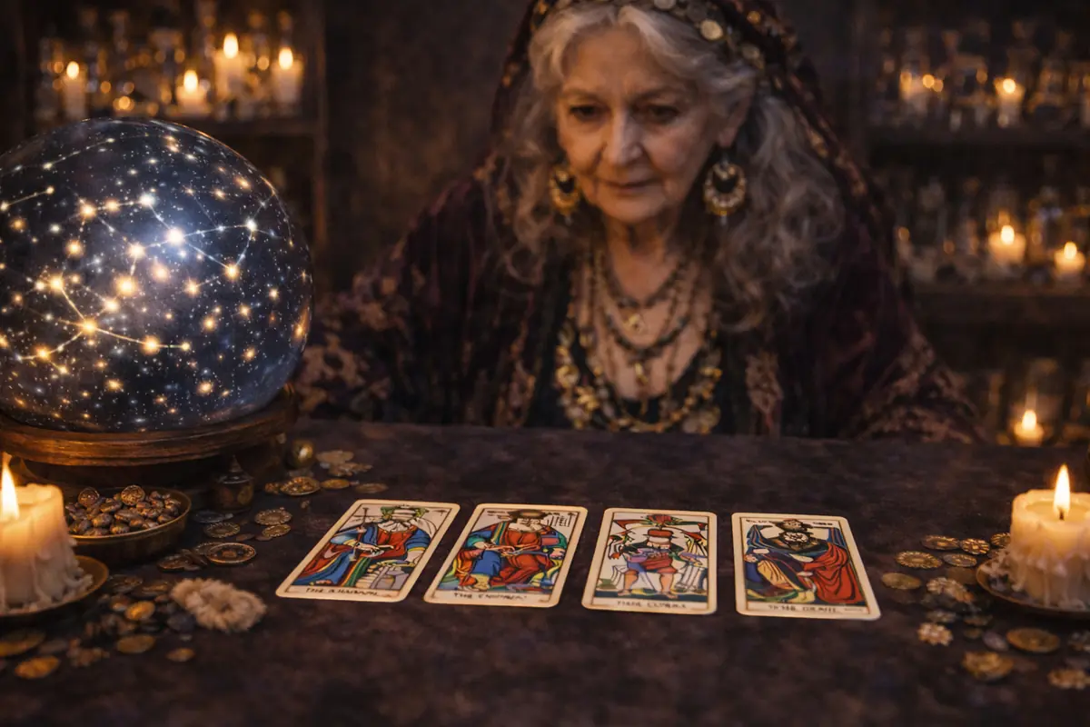 Anciana vidente con vestimenta esotérica leyendo cartas del tarot sobre una mesa junto a una gran bola de cristal iluminada y velas encendidas