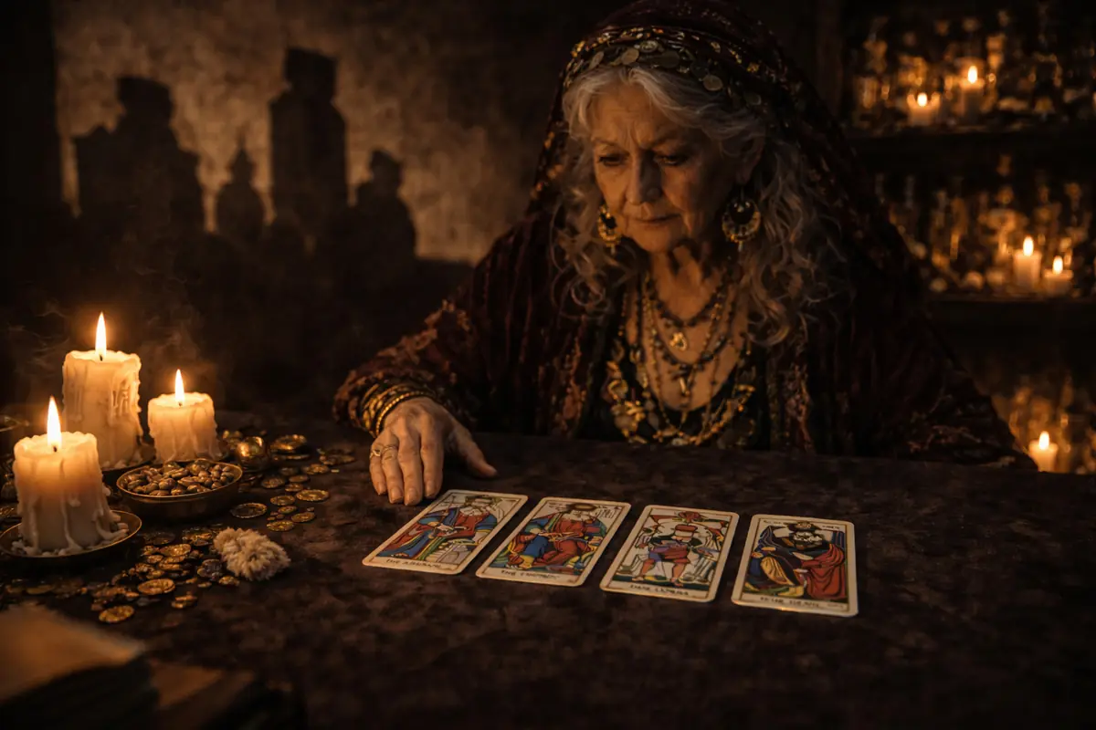 Anciana adivina vestida con ropas y joyas gitanas leyendo cartas del tarot sobre una mesa iluminada por velas y rodeada de monedas de oro