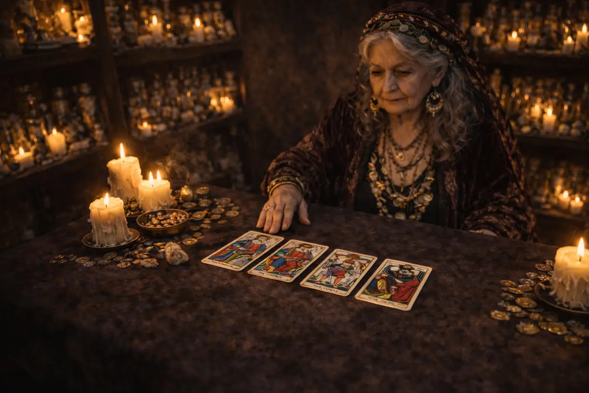 Mujer mayor vestida con ropa y joyas esotéricas leyendo cartas del tarot en una mesa iluminada por velas y rodeada de monedas y frascos antiguos