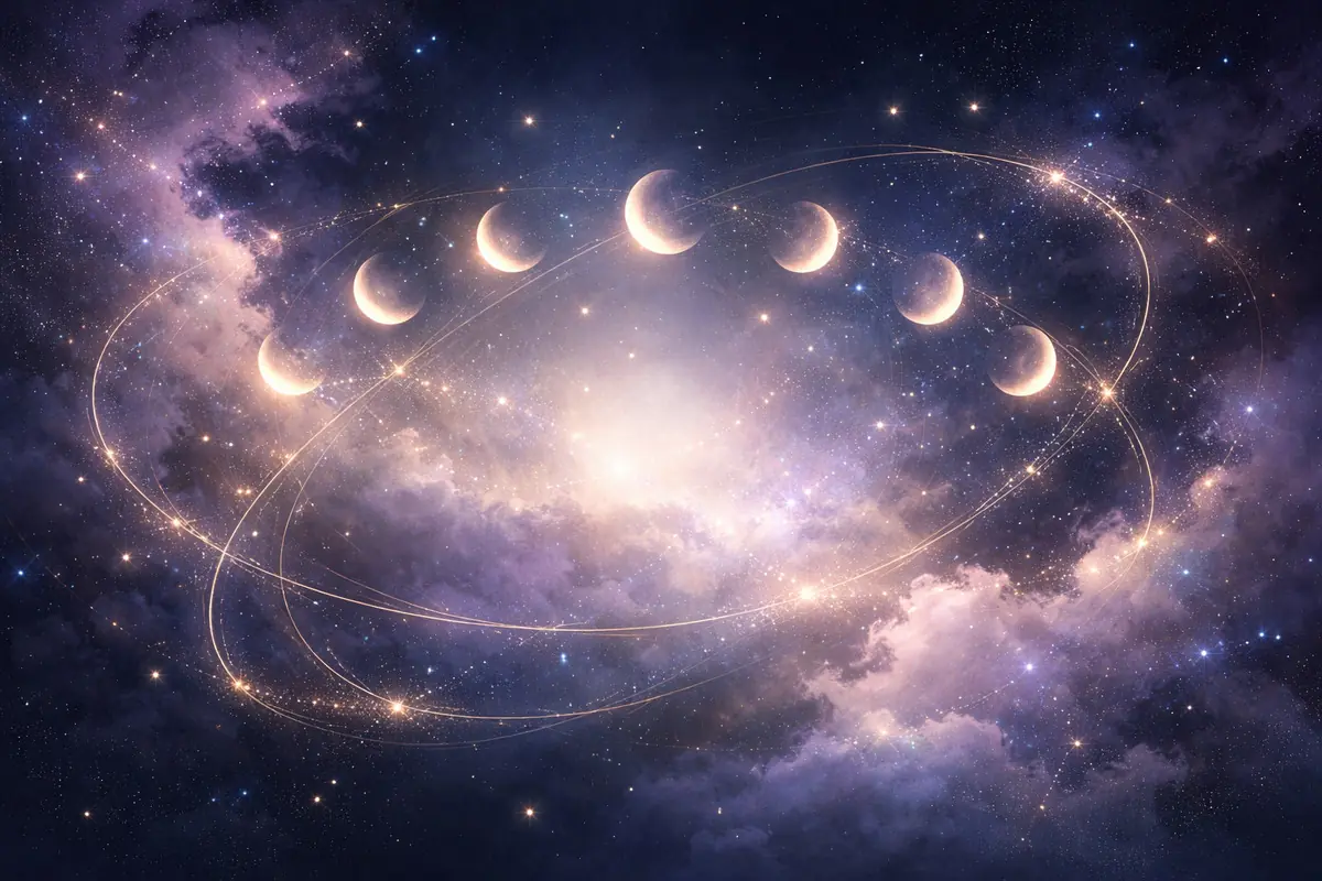 Ilustración de un cielo cósmico con varias fases de la luna alineadas sobre nubes y estrellas brillantes