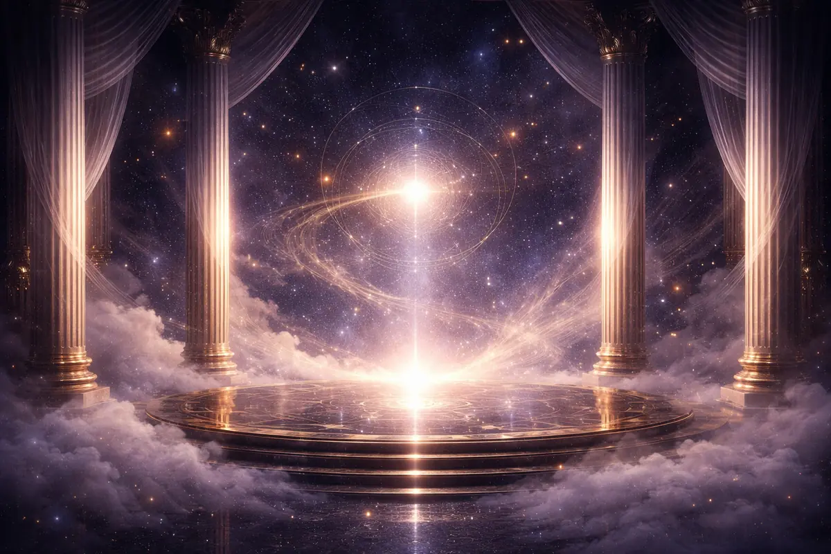 Templo celestial con columnas doradas rodeando una plataforma circular brillante entre nubes y un resplandor cósmico en el cielo estrellado