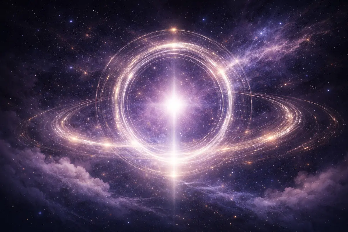 Ilustración de un portal cósmico brillante con anillos de luz dorada en medio del espacio estrellado