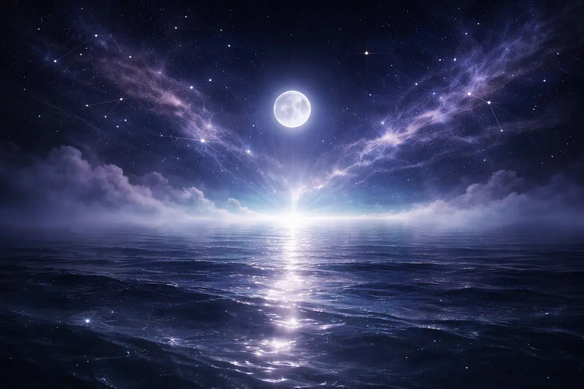 Paisaje nocturno con luna llena reflejada en un océano tranquilo bajo un cielo estrellado y nubes iluminadas por un resplandor místico