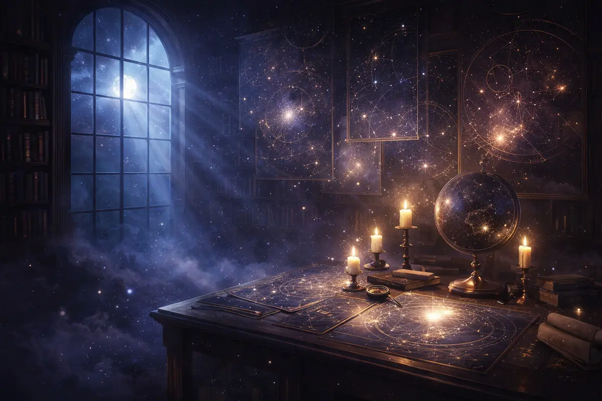 Mesa de estudio astronómico iluminada por velas con mapas estelares y un globo celeste junto a una gran ventana nocturna por la que entra la luz de la luna