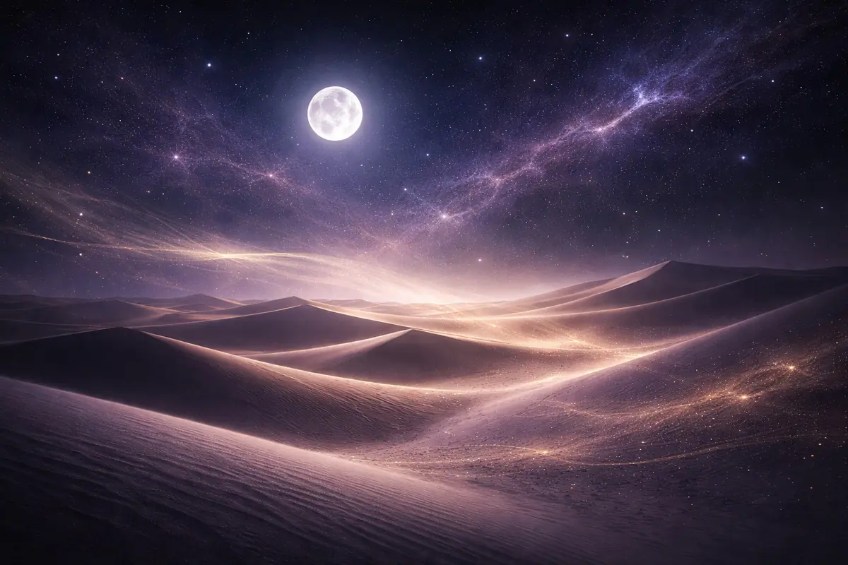 Paisaje de dunas de desierto iluminadas por la luz de la luna llena bajo un cielo estrellado y nebulosas brillantes