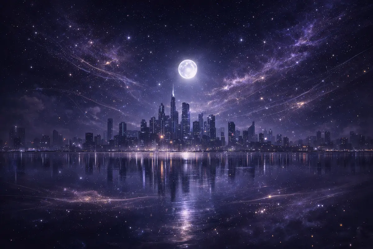 Ciudad futurista iluminada bajo una luna llena con un cielo estrellado reflejado en un lago
