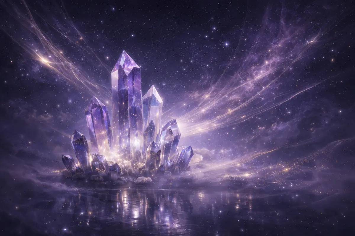 Cristales morados gigantes emergiendo de una superficie reflectante en un paisaje cósmico lleno de estrellas y nebulosas brillantes