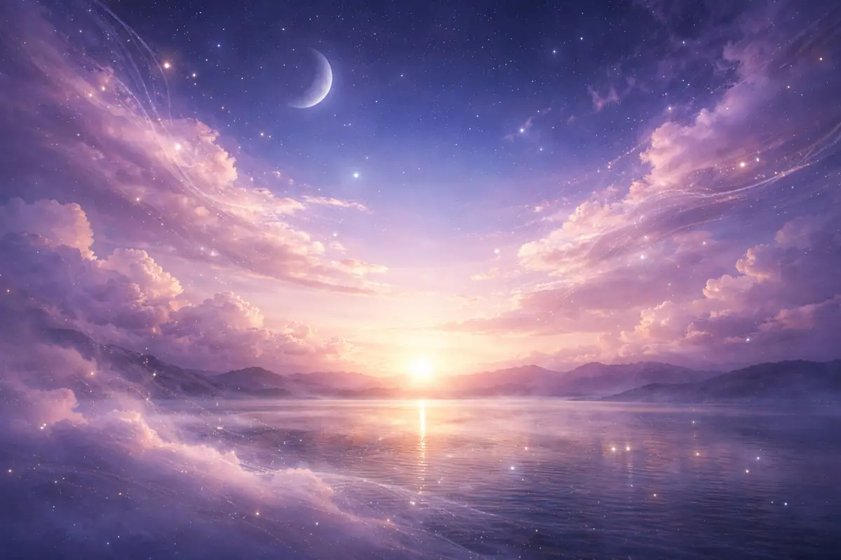 Paisaje onírico de amanecer sobre un mar tranquilo con montañas al fondo cielo violeta y rosado lleno de nubes suaves estrellas brillantes y una luna creciente