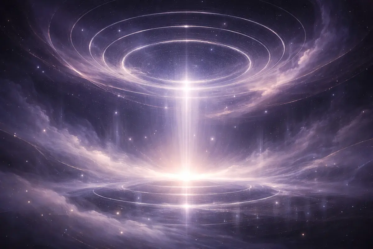 Ilustración de un portal cósmico brillante con anillos de luz concéntricos entre nubes y estrellas en el espacio