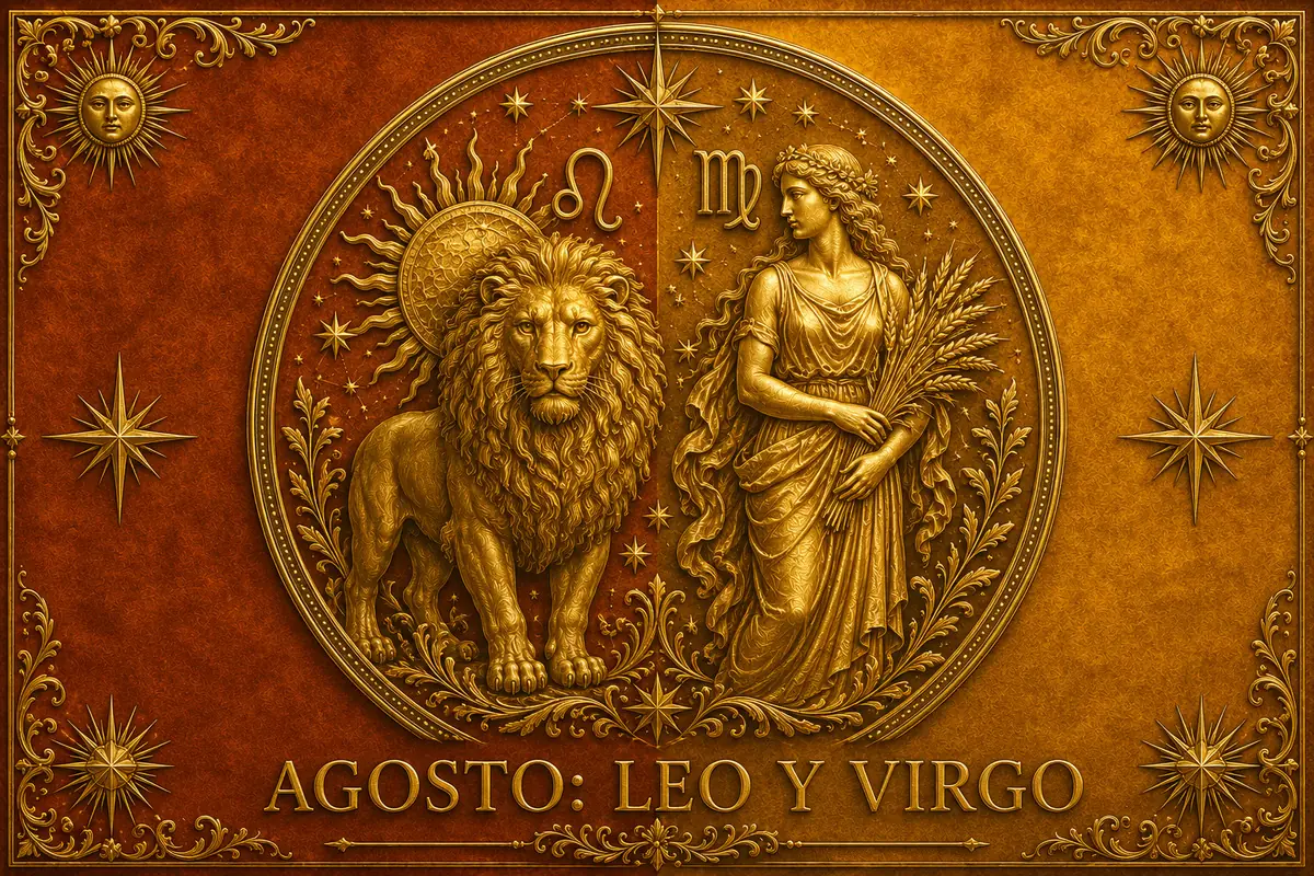 Ilustración dorada de estilo barroco con un león que representa el signo Leo y una mujer con espigas que representa Virgo sobre fondo marrón con la palabra AGOSTO y símbolos zodiacales
