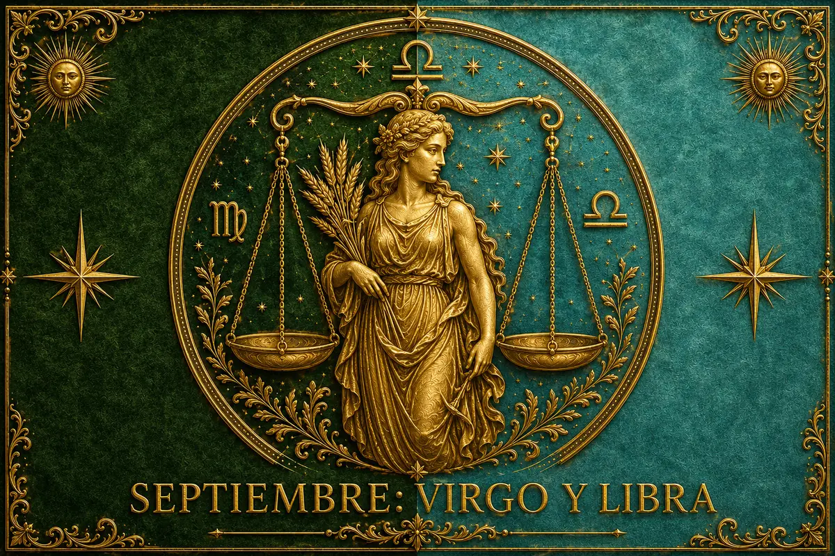 Ilustración dorada de estilo clásico que muestra a una mujer sosteniendo espigas entre las balanzas de la justicia rodeada de símbolos de Virgo y Libra con la palabra SEPTIEMBRE VIRGO Y LIBRA en la parte inferior sobre fondo verde y turquesa ornamentado