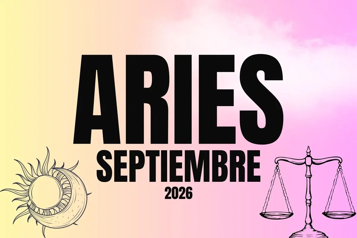 Ilustración de horóscopo para Aries en septiembre de 2026 con fondo degradado pastel y dibujos de sol luna y balanza