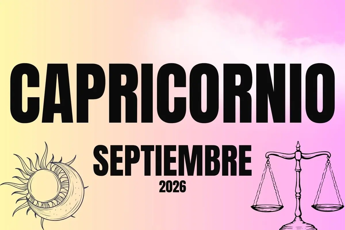 Cartel de horóscopo para Capricornio en septiembre de 2026 con fondo degradado pastel y dibujos de un sol con luna y una balanza