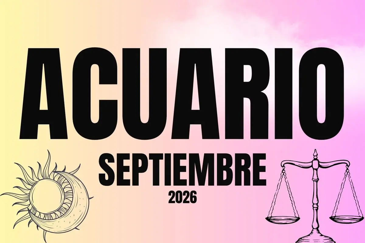 Portada de horóscopo para Acuario en septiembre de 2026 con fondo degradado rosa y amarillo ilustraciones de sol y luna a la izquierda y balanza a la derecha