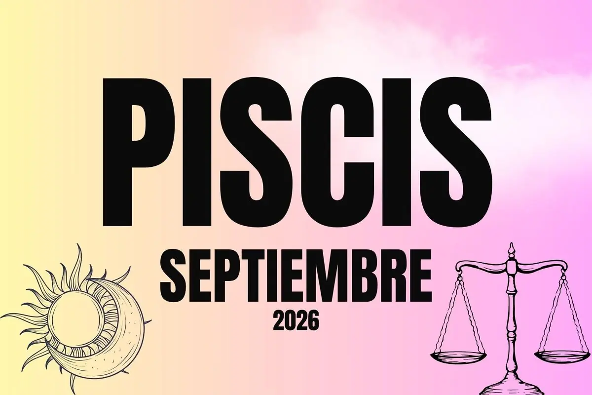 Horóscopo de Piscis para septiembre de 2026 con ilustraciones de sol luna y balanza sobre fondo degradado rosa y amarillo