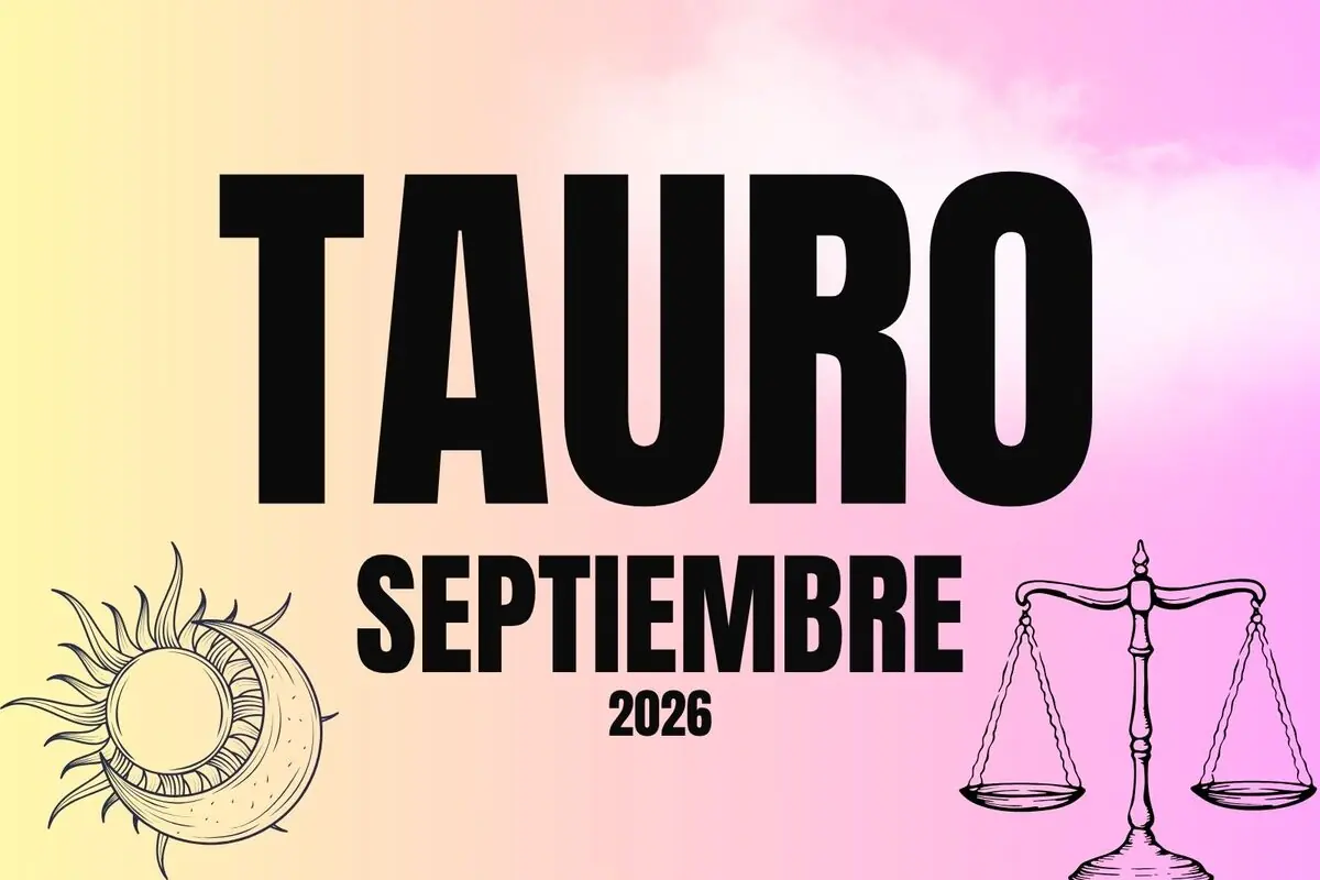 Ilustración de horóscopo para Tauro en septiembre de 2026 con fondo degradado pastel y dibujos de sol luna y balanza