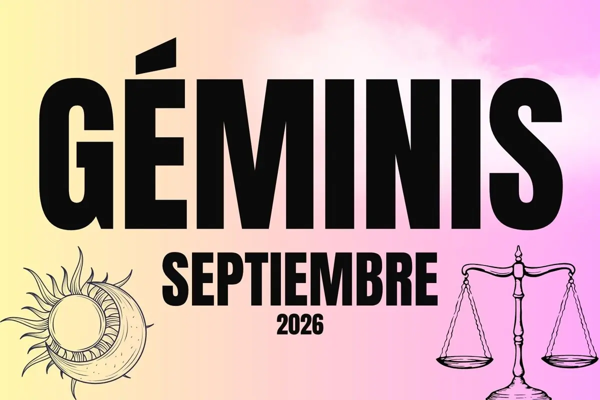 Ilustración de horóscopo para Géminis en septiembre de 2026 con fondo degradado rosa y amarillo sol y luna a la izquierda y balanza a la derecha