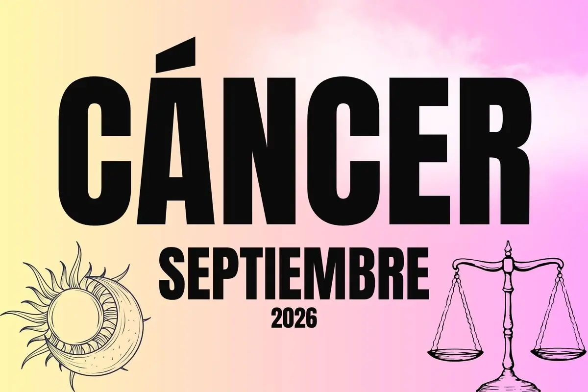 Horóscopo del signo Cáncer para septiembre de 2026 con fondo degradado pastel y dibujos de sol con luna y balanza