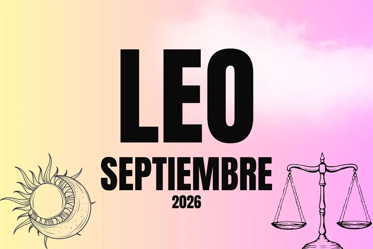 Portada horóscopo Leo septiembre 2026 con fondo degradado pastel y dibujos de sol y luna a la izquierda y balanza a la derecha