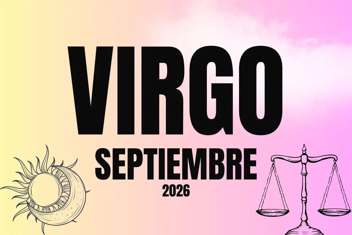 Portada de horóscopo para Virgo en septiembre de 2026 con fondo degradado rosa y amarillo y dibujos de sol luna y balanza