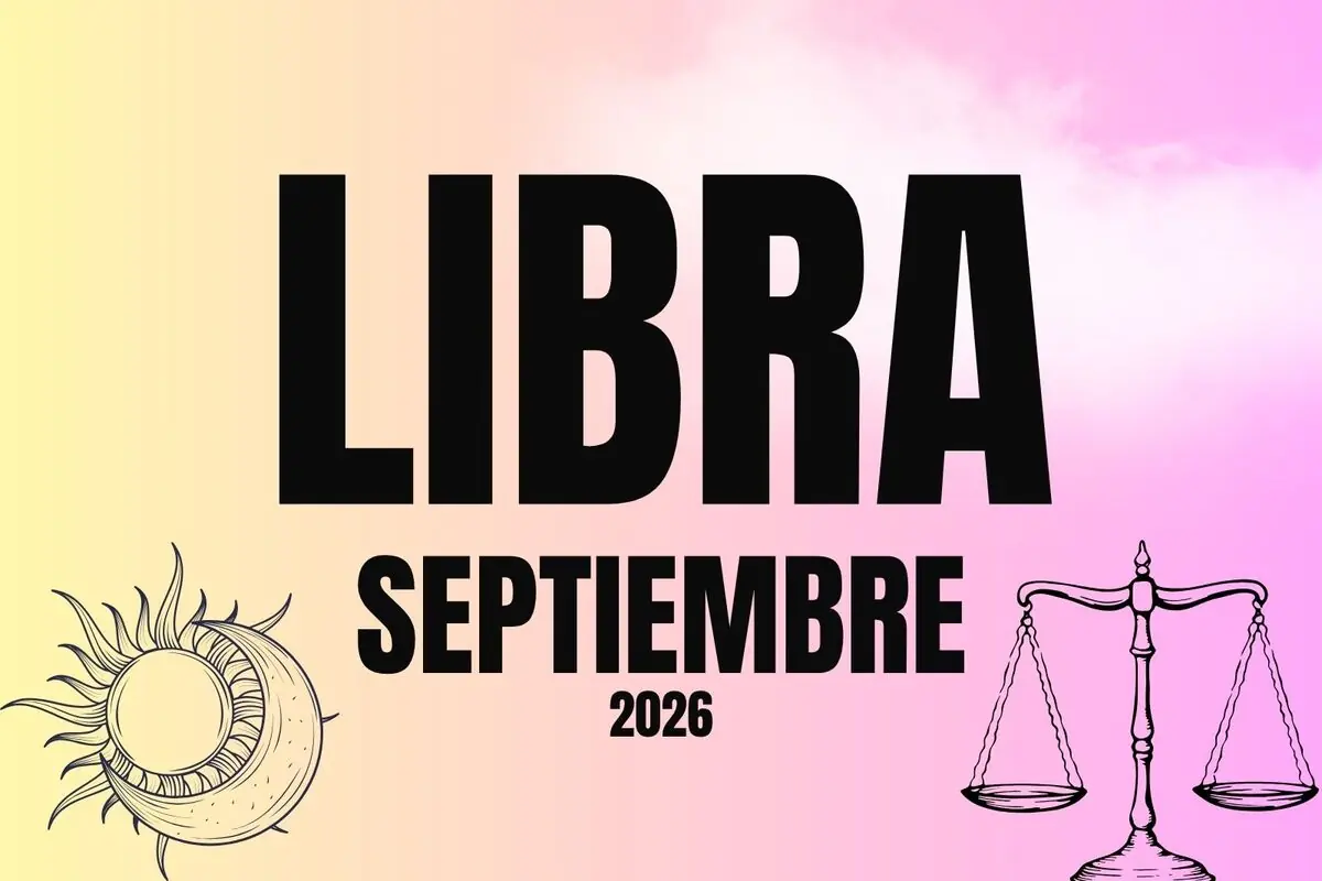Ilustración de horóscopo para Libra en septiembre de 2026 con fondo degradado pastel y dibujos de sol con luna y balanza