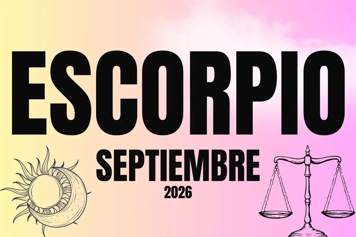 Ilustración de horóscopo de Escorpio para septiembre de 2026 con fondo degradado pastel sol y luna a la izquierda y balanza a la derecha