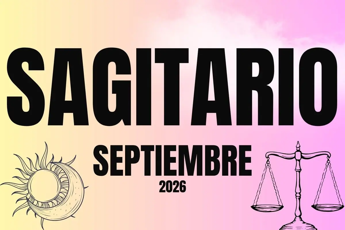 Horóscopo de Sagitario para septiembre de 2026 con ilustraciones de sol luna y balanza sobre fondo degradado pastel