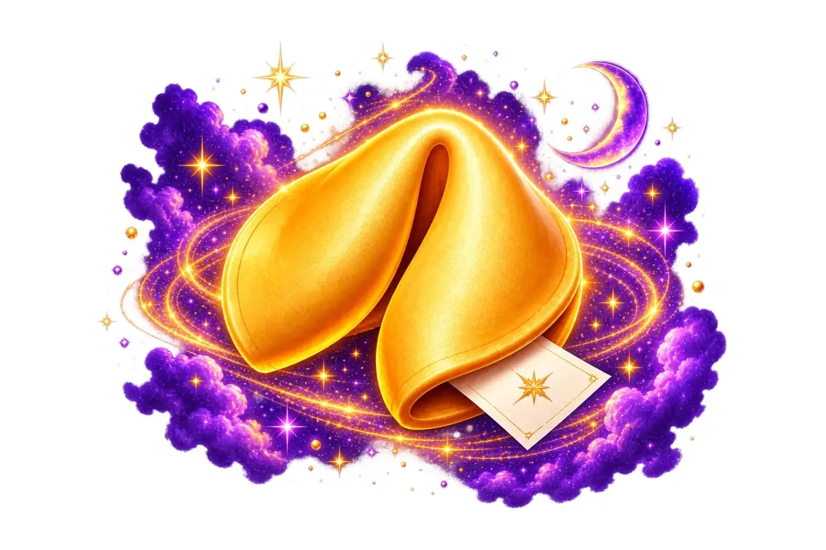 Galleta de la fortuna dorada con mensaje saliendo entre nubes moradas estrellas brillantes y una luna creciente en un fondo mágico
