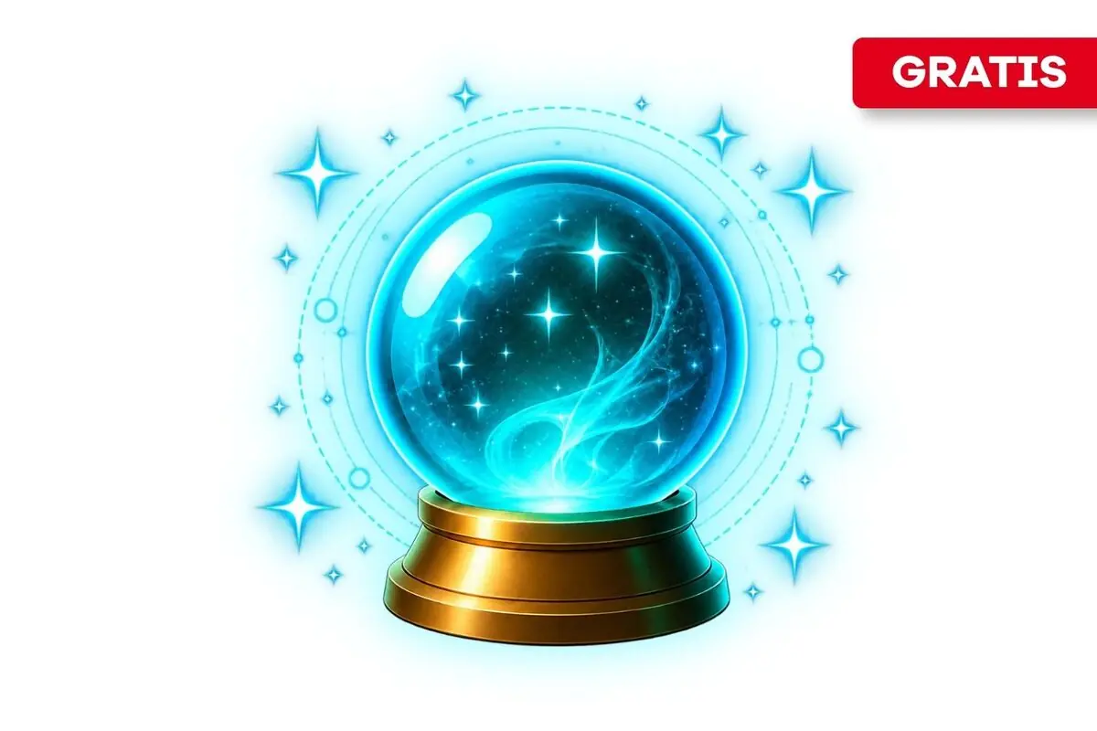 Ilustración de bola de cristal mágica azul con destellos brillantes sobre base dorada y etiqueta roja con la palabra GRATIS en la esquina superior derecha