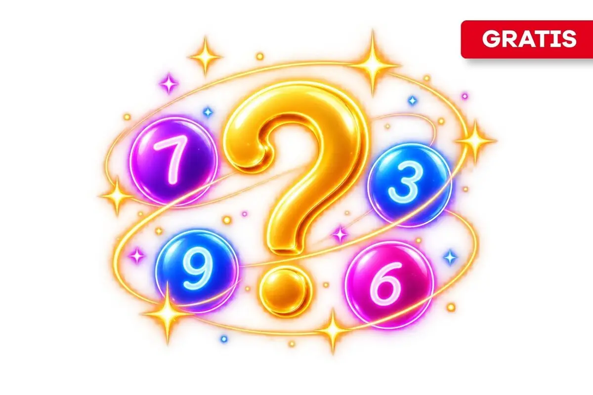 Ilustración colorida de signo de interrogación dorado rodeado de esferas brillantes con números 7 3 9 y 6 y etiqueta roja con la palabra GRATIS en la esquina superior derecha
