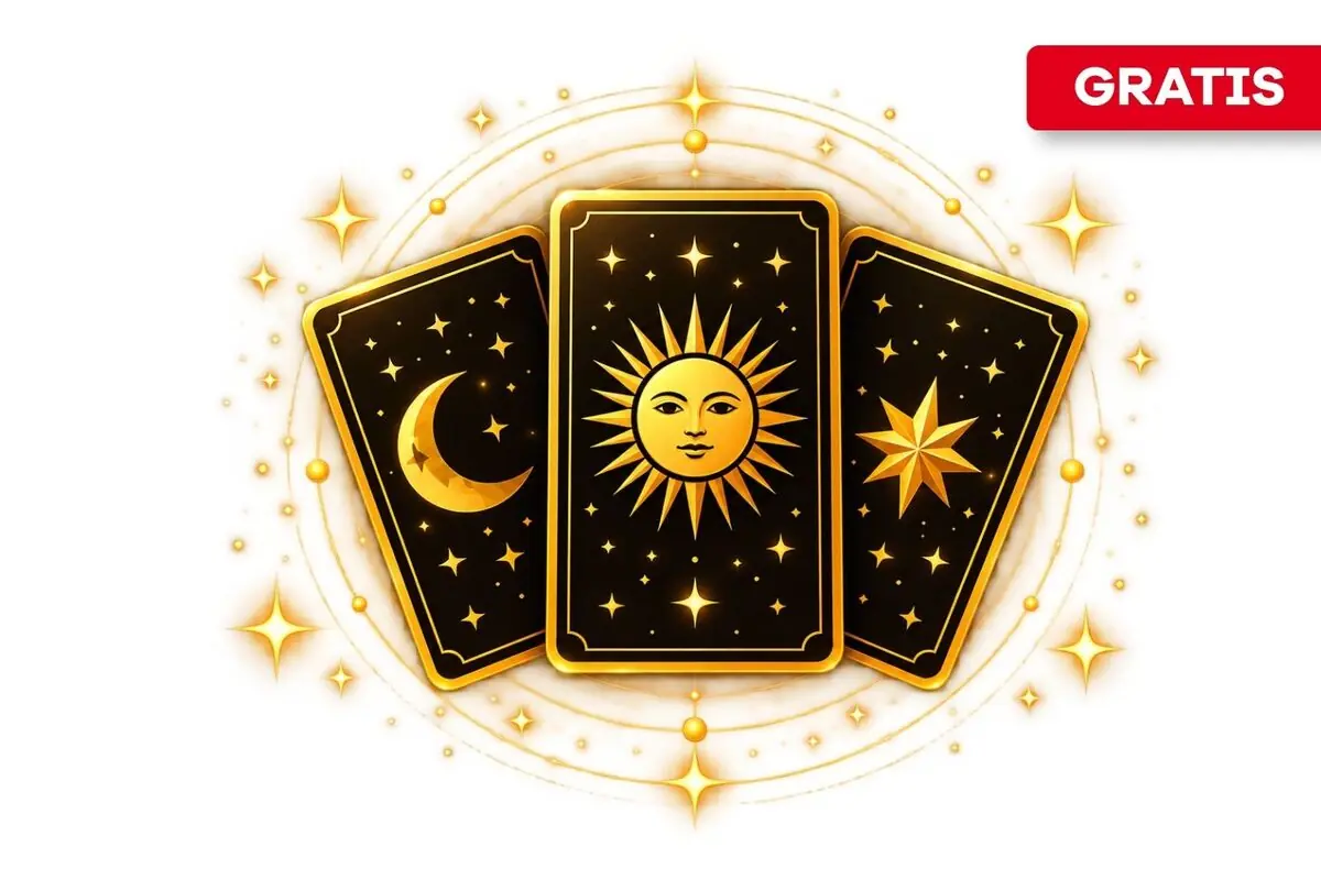 Ilustración de tres cartas de tarot negras con bordes dorados que muestran una luna un sol y una estrella rodeadas de destellos brillantes y un rótulo rojo con la palabra GRATIS en la esquina superior derecha