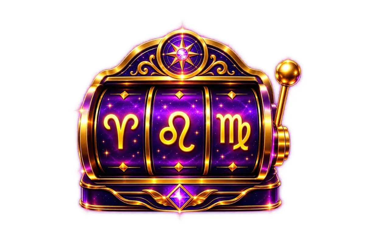 Tragamonedas dorada y morada con símbolos de los signos zodiacales Aries Leo y Virgo