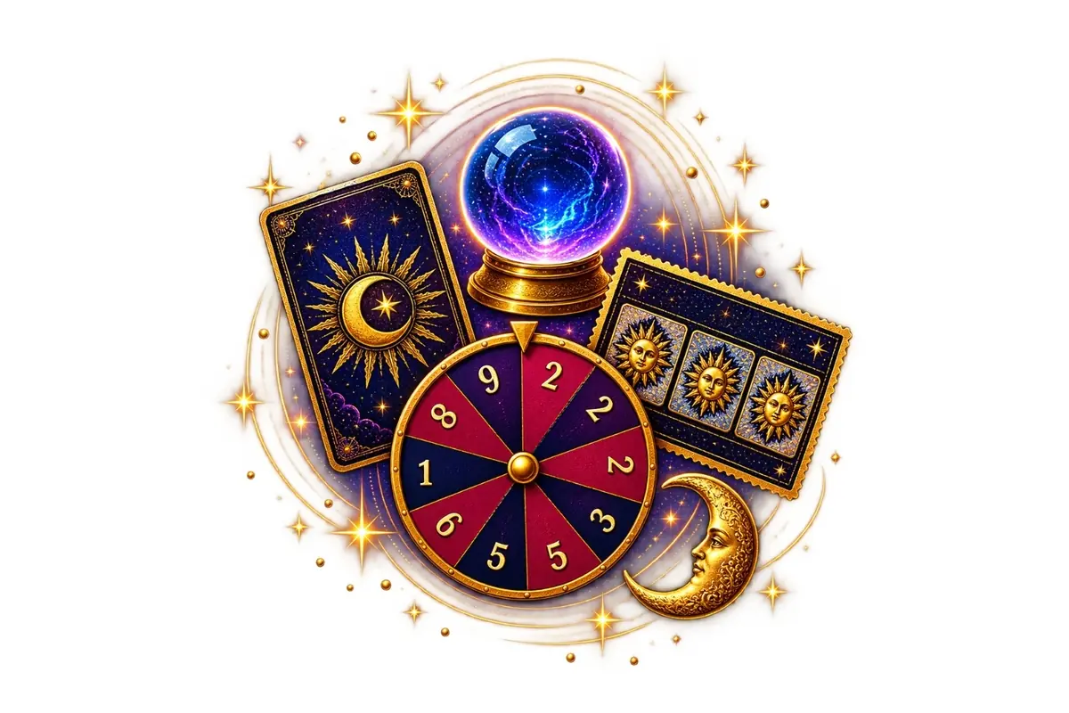 Ilustración colorida de elementos esotéricos con bola de cristal cartas del tarot rueda numerada y luna dorada rodeados de estrellas brillantes