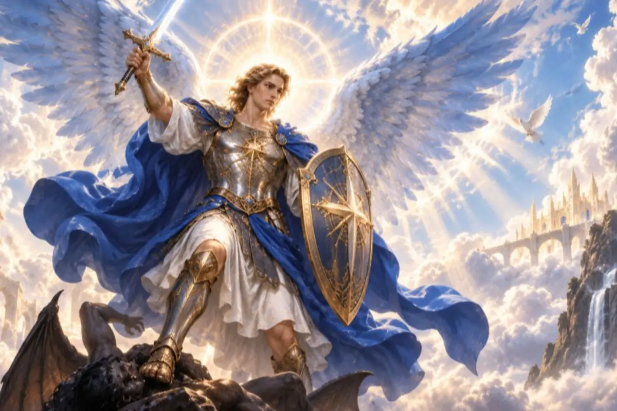 Ángel guerrero alado con armadura dorada y capa azul sosteniendo espada y escudo luminosos mientras vence a una criatura oscura sobre un cielo lleno de nubes y luz celestial