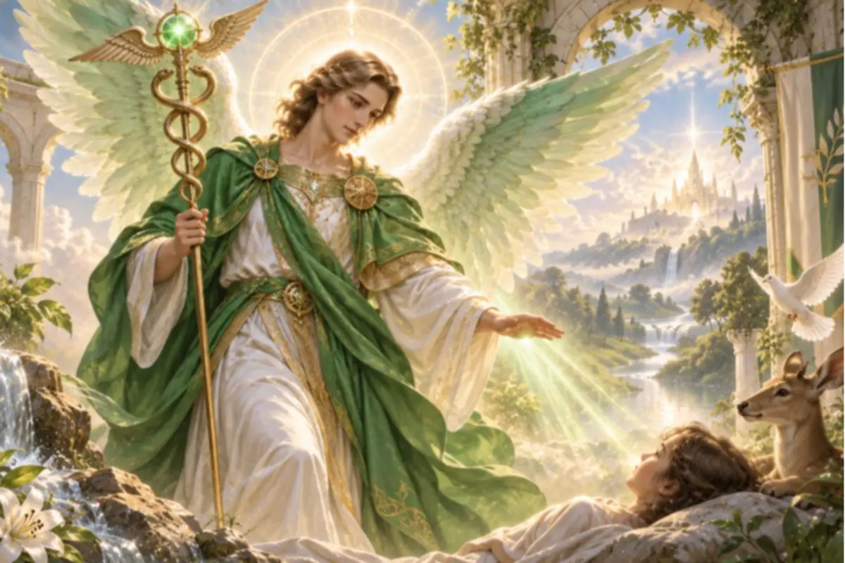 Ángel de alas verdes y túnica blanca bendiciendo a un niño recostado junto a un ciervo en un paisaje celestial lleno de luz y cascadas