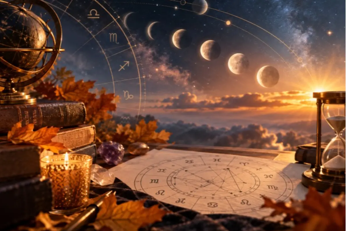Mesa con cartas astrales libros antiguos vela y reloj de arena frente a un cielo al atardecer con fases de la luna y símbolos del zodiaco Mesa con cartas astrales libros antiguos vela y reloj de arena frente a un cielo al atardecer con fases de la luna y símbolos del zodiaco
