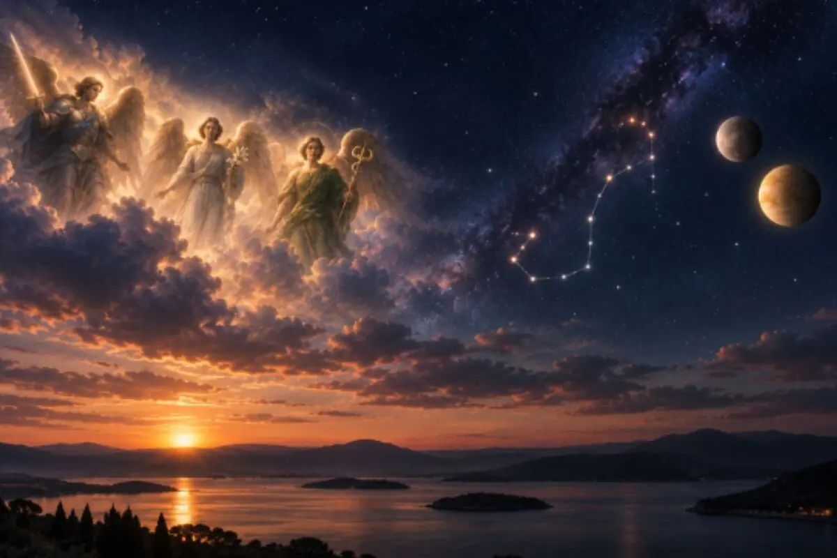 Paisaje de atardecer sobre un lago con islas y montañas, cielo estrellado con constelación brillante y dos planetas, y tres ángeles luminosos entre las nubes observando la escena.
